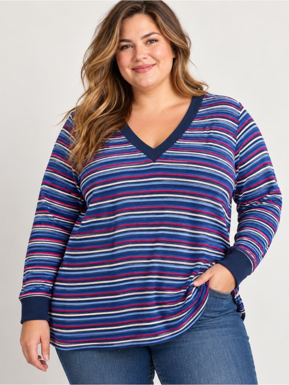 St. John’s Bay Women’s 2X Blue Pink Striped V-Neck Long Sleeve Top NWT